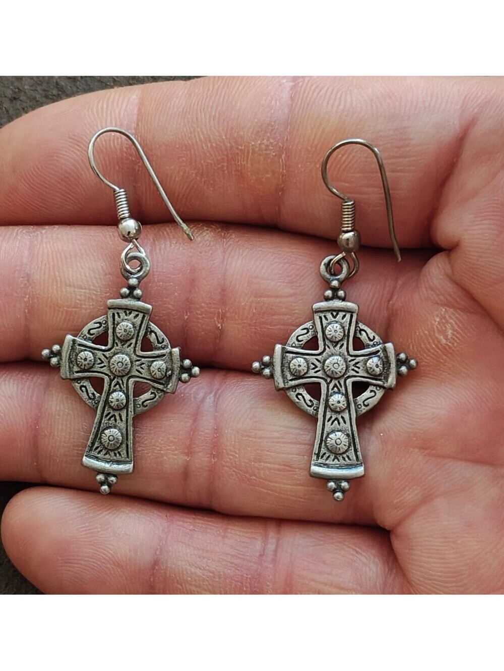 1970s/80s Signed JJ Antiqued Pewter Celtic Cross Dangle Earrings.